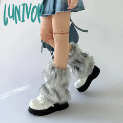 Lunivop New Gray Imitation Wolf Fur Leg Warmers Y2K Girl Winter Warm Jk Furry Boots Socks Gothic