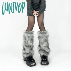 Lunivop New Gray Imitation Wolf Fur Leg Warmers Y2K Girl Winter Warm Jk Furry Boots Socks Gothic