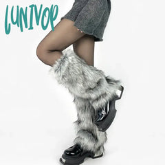Lunivop New Gray Imitation Wolf Fur Leg Warmers Y2K Girl Winter Warm Jk Furry Boots Socks Gothic