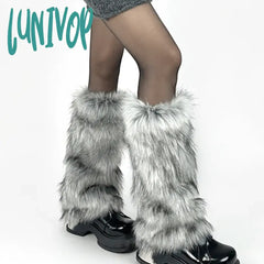 Lunivop New Gray Imitation Wolf Fur Leg Warmers Y2K Girl Winter Warm Jk Furry Boots Socks Gothic