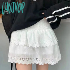 Lunivop New Kawaii High Waist Lace Mini Skirt For Women Girl Cute Lolita Japanese Harajuku Fashion
