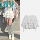 Lunivop New Kawaii Lace Mini Skirt For Women Girl Cute Lolita White A-Line Pleated Japanese