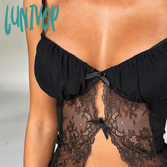 Lunivop New Lace Mesh See Through Tank Top Women Summer Y2K Sexy Backless Cami Vintage Coquette