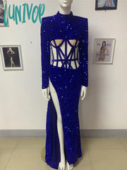 Lunivop New Luxury Women Sexy Long Sleeve Turtleneck Mesh Sequins Blue Maxi Bodycon Dress Elegant