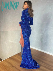 Lunivop New Luxury Women Sexy Long Sleeve Turtleneck Mesh Sequins Blue Maxi Bodycon Dress Elegant