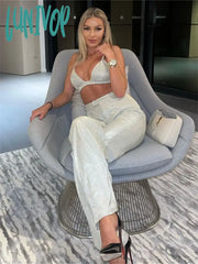 Lunivop New Party Women’s Outfits Two Piece Bra And Pants Set For Women Glitter Sliver Evening