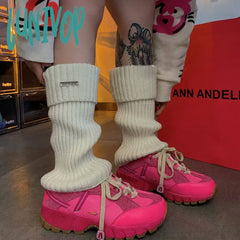 Lunivop New Punk Women Knitted Leg Warmers Calf Socks Vintage Winter Japanese Harajuku Pile Long