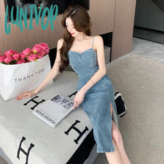 Lunivop New Retro 2024 Spring And Summer Strapless Denim Dress Fashionable Women Sexy Thin Straps