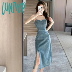 Lunivop New Retro 2024 Spring And Summer Strapless Denim Dress Fashionable Women Sexy Thin Straps