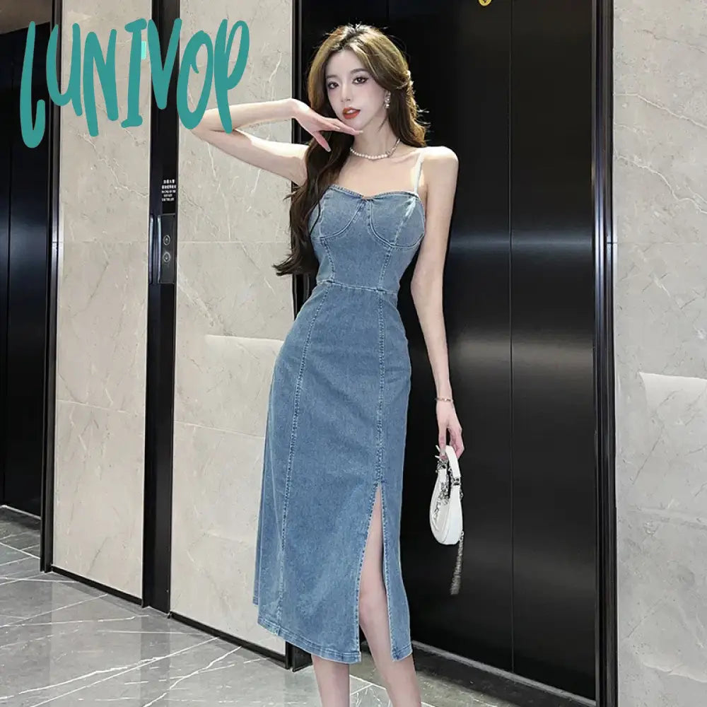 Lunivop New Retro 2024 Spring And Summer Strapless Denim Dress Fashionable Women Sexy Thin Straps