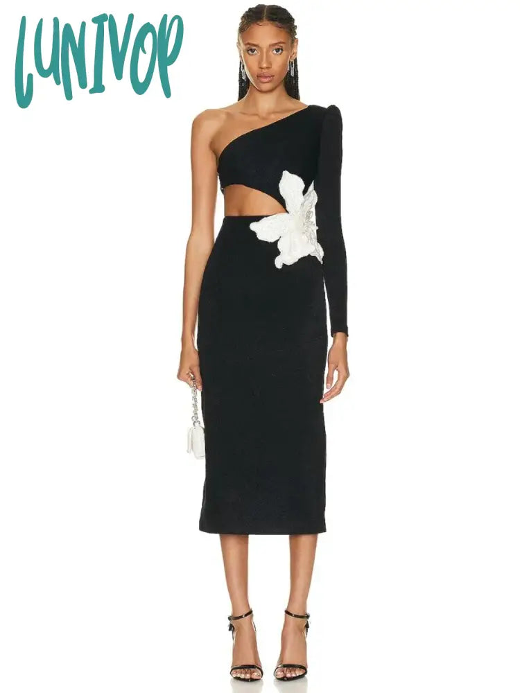 Lunivop New Sexy Bodycon Black One Shoulder Long Sleeve Hollow Flower Bandage Dress Vestidos Para