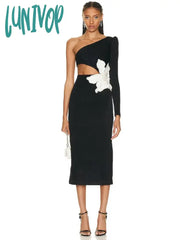 Lunivop New Sexy Bodycon Black One Shoulder Long Sleeve Hollow Flower Bandage Dress Vestidos Para