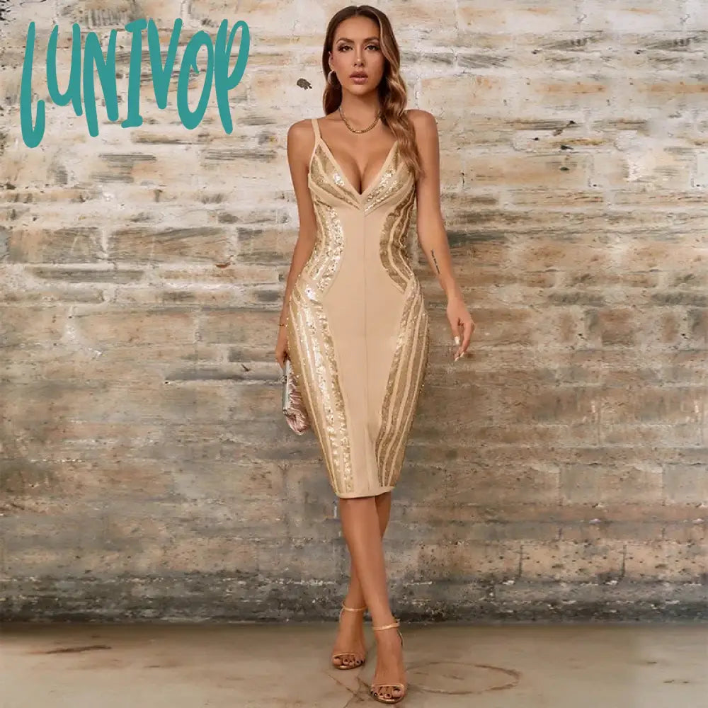 Lunivop New Sexy Glitter Sleeveless V-Neck Bodycon Bandage Dress Wedding Birthday Evening Club