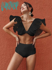 Lunivop New Sexy High Waist Ruffled Bikini Set Flounce Swimwear Women Swimsuit Solid Strappy