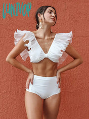 Lunivop New Sexy High Waist Ruffled Bikini Set Flounce Swimwear Women Swimsuit Solid Strappy