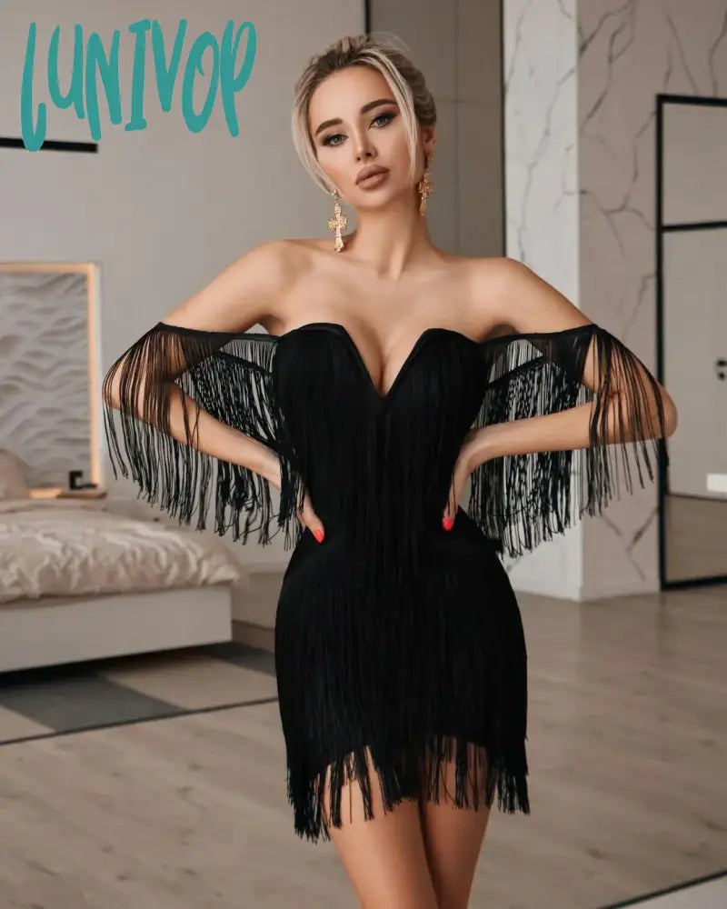 Lunivop New Sexy Tassel Bodycon Black Bandage Dress Vestidos Femininos Elegante Knitted Evening