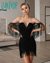 Lunivop New Sexy Tassel Bodycon Black Bandage Dress Vestidos Femininos Elegante Knitted Evening