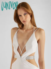 Lunivop New Sexy Women Black Sleeveless V-Neck Hanging Neck Pleated Mini Bandage Dress Formal