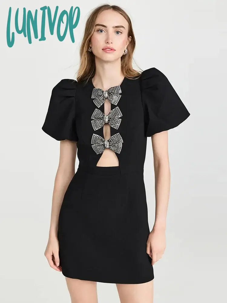 Lunivop New Sexy Women Elegant Short Sleeve Round Neck Bow Hollow Tight Mini Bandage Dress Birthday