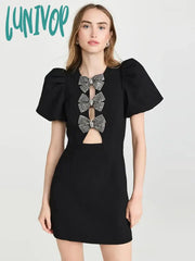 Lunivop New Sexy Women Elegant Short Sleeve Round Neck Bow Hollow Tight Mini Bandage Dress Birthday
