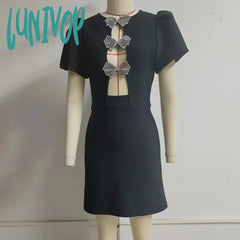 Lunivop New Sexy Women Elegant Short Sleeve Round Neck Bow Hollow Tight Mini Bandage Dress Birthday
