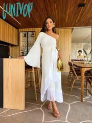 Lunivop New Solid Women’s One Shoulder Sexy Lady Long Skirt Slit Ruffled Tassel Swing Pure