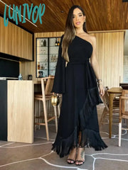 Lunivop New Solid Women’s One Shoulder Sexy Lady Long Skirt Slit Ruffled Tassel Swing Pure