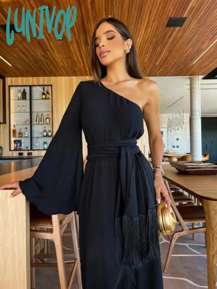 Lunivop New Solid Women’s One Shoulder Sexy Lady Long Skirt Slit Ruffled Tassel Swing Pure