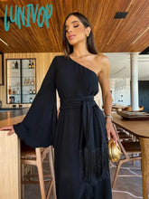 Lunivop New Solid Women’s One Shoulder Sexy Lady Long Skirt Slit Ruffled Tassel Swing Pure
