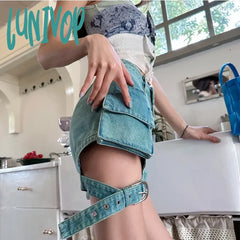 Lunivop New Style Blue Denim Shorts Women’s Simple Trendy Pants High Waist Strap Decoration