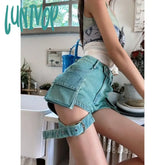 Lunivop New Style Blue Denim Shorts Women’s Simple Trendy Pants High Waist Strap Decoration