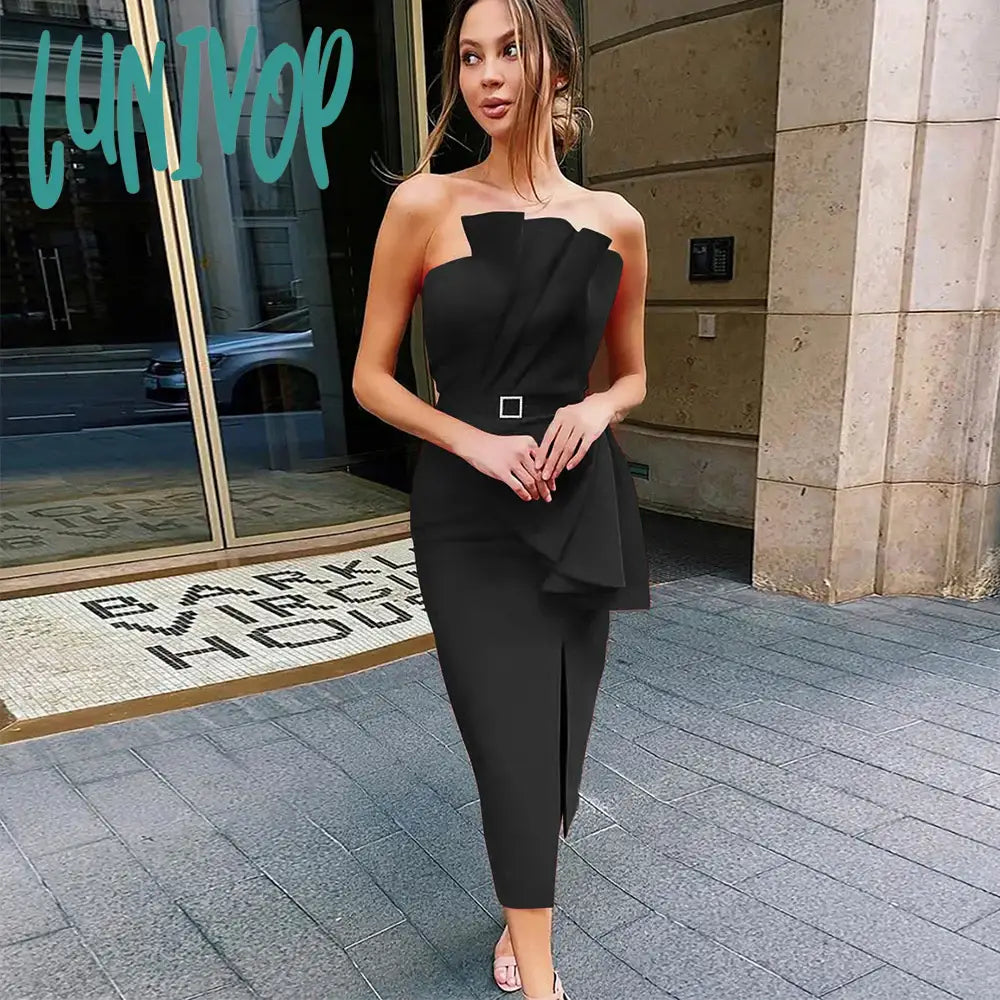 Lunivop New Summer Bodycon Midi Black Red Elegant Bandage Dress Evening Party Night Vestido De