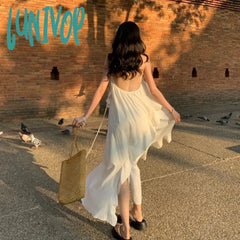 Lunivop New Summer Fairy Halter Designer Dress Women Beige Long Lolita Birthday Party Dresses