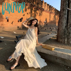 Lunivop New Summer Fairy Halter Designer Dress Women Beige Long Lolita Birthday Party Dresses