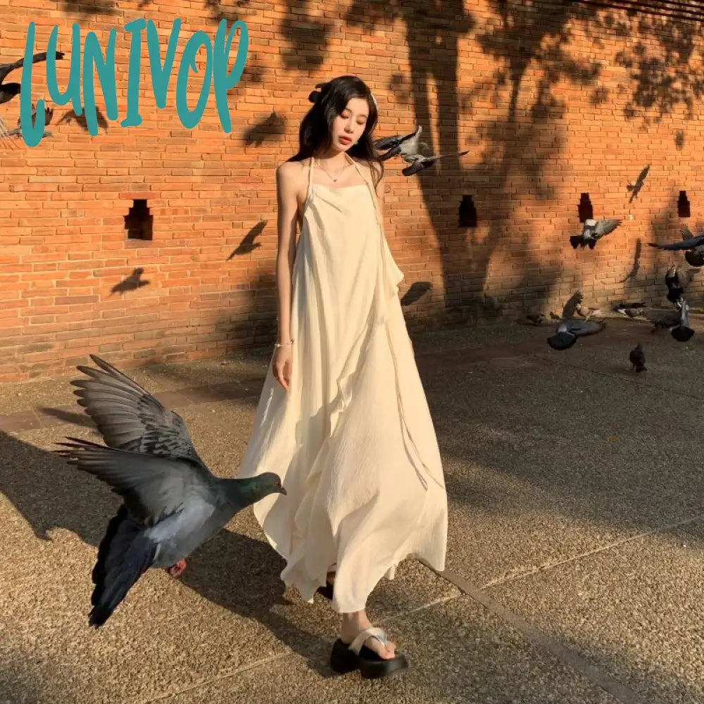 Lunivop New Summer Fairy Halter Designer Dress Women Beige Long Lolita Birthday Party Dresses