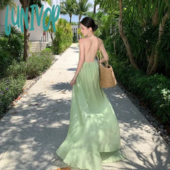 Lunivop New Summer Fairy Halter Prom Dress Women’s Maxi Ruffles Green Party Dresses Backless
