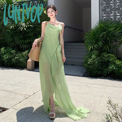 Lunivop New Summer Fairy Halter Prom Dress Women’s Maxi Ruffles Green Party Dresses Backless