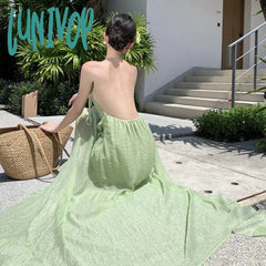 Lunivop New Summer Fairy Halter Prom Dress Women’s Maxi Ruffles Green Party Dresses Backless