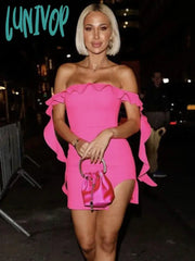 Lunivop New Summer Fashion Women Sexy Off Shoulder Ruffles Hot Pink Mini Bandage Dress Elegant