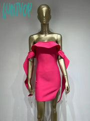 Lunivop New Summer Fashion Women Sexy Off Shoulder Ruffles Hot Pink Mini Bandage Dress Elegant
