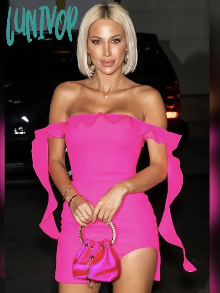 Lunivop New Summer Fashion Women Sexy Off Shoulder Ruffles Hot Pink Mini Bandage Dress Elegant