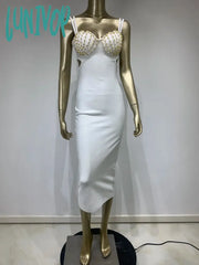 Lunivop New Summer Fashion Women Sexy V Neck Beading White Black Bodycon Midi Bandage Dress Elegant
