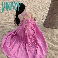 Lunivop New Summer Halter Backless Midi Women Dress Simple Loose Beach Vacation Pink Purple Long