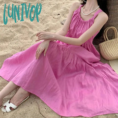 Lunivop New Summer Halter Backless Midi Women Dress Simple Loose Beach Vacation Pink Purple Long