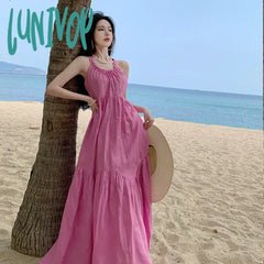 Lunivop New Summer Halter Backless Midi Women Dress Simple Loose Beach Vacation Pink Purple Long