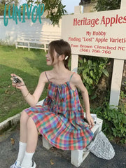 Lunivop New Summer Lively Patchwork Multicolor Sleeveless Slip Dress Femme Sweet Bow Plaid Loose