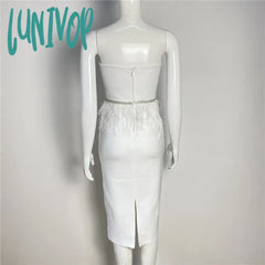 Lunivop New Summer White Elegant Bandage Dress Sexy Strapless Feather Bodycon Robe Evening Party
