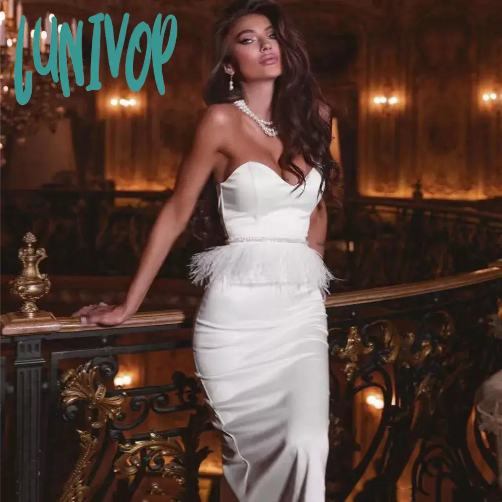 Lunivop New Summer White Elegant Bandage Dress Sexy Strapless Feather Bodycon Robe Evening Party