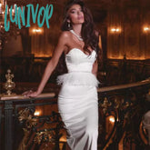 Lunivop New Summer White Elegant Bandage Dress Sexy Strapless Feather Bodycon Robe Evening Party