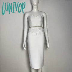 Lunivop New Summer White Elegant Bandage Dress Sexy Strapless Feather Bodycon Robe Evening Party